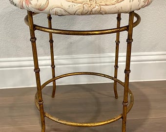 Vintage MCM Gilt Upholstered Stool/ MCM Petite Bagues Style Gilt Bamboo Vanity Seat/ Gilt Iron MCM Vanity Stool