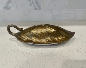 Ceramic butter dish with brass metal leaf lid/ Covered butter dish with metal brass lid in shape of leaf/ brass butter dish