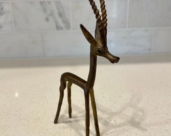 Vintage MCM Brass Gazelle Sculpture, Brutalist African Antelope