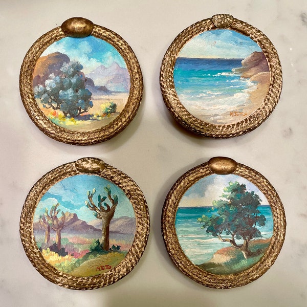 Set of 4 Vintage Miniature Oil Painting/ Set of Miniature Round Oil Paintings