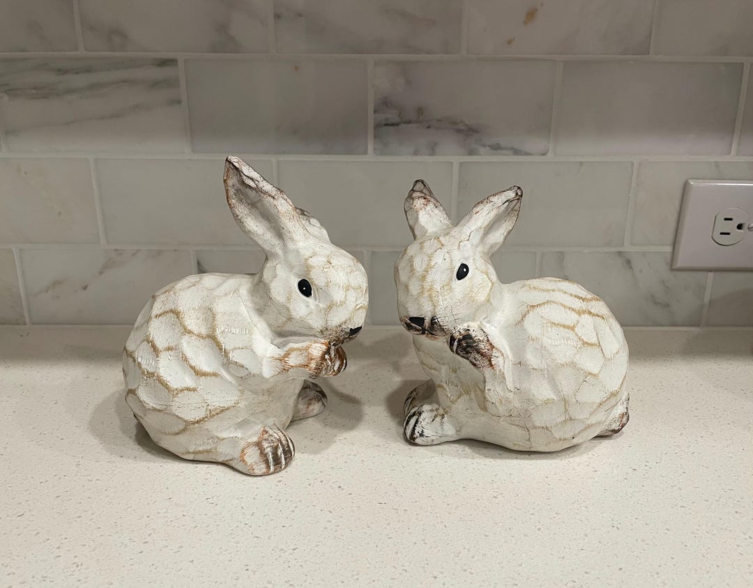 2 Painted Terracotta Rabbits/ 2 Easter Bunnies Painted White/ Pair ...