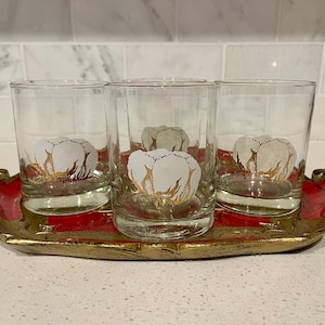 Set of 4 lowball glasses with gold and white cotton design/ cotton design lowball glasses/ vintage lowball glasses