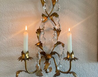 Vintage Italian gilt tole crystal sconce/ Hollywood regency tole sconce candle holder/ Italian gilt 2 arm candle holder sconce with crystals