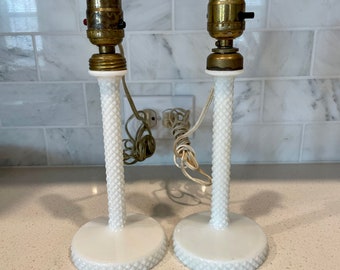 Pair of vintage Westmoreland English Hobnail milk glass lamps/ pair milk glass hobnail lamps/ Westmoreland lamps/ milk glass accent lamps