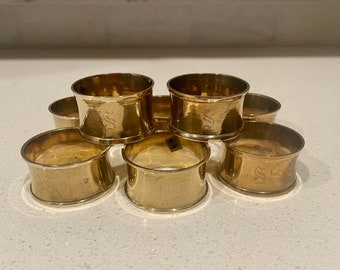 8 Vintage brass napkin rings with the letter S engraved on them/ vintage engraved initial S brass napkin rings/ brass napkin rings