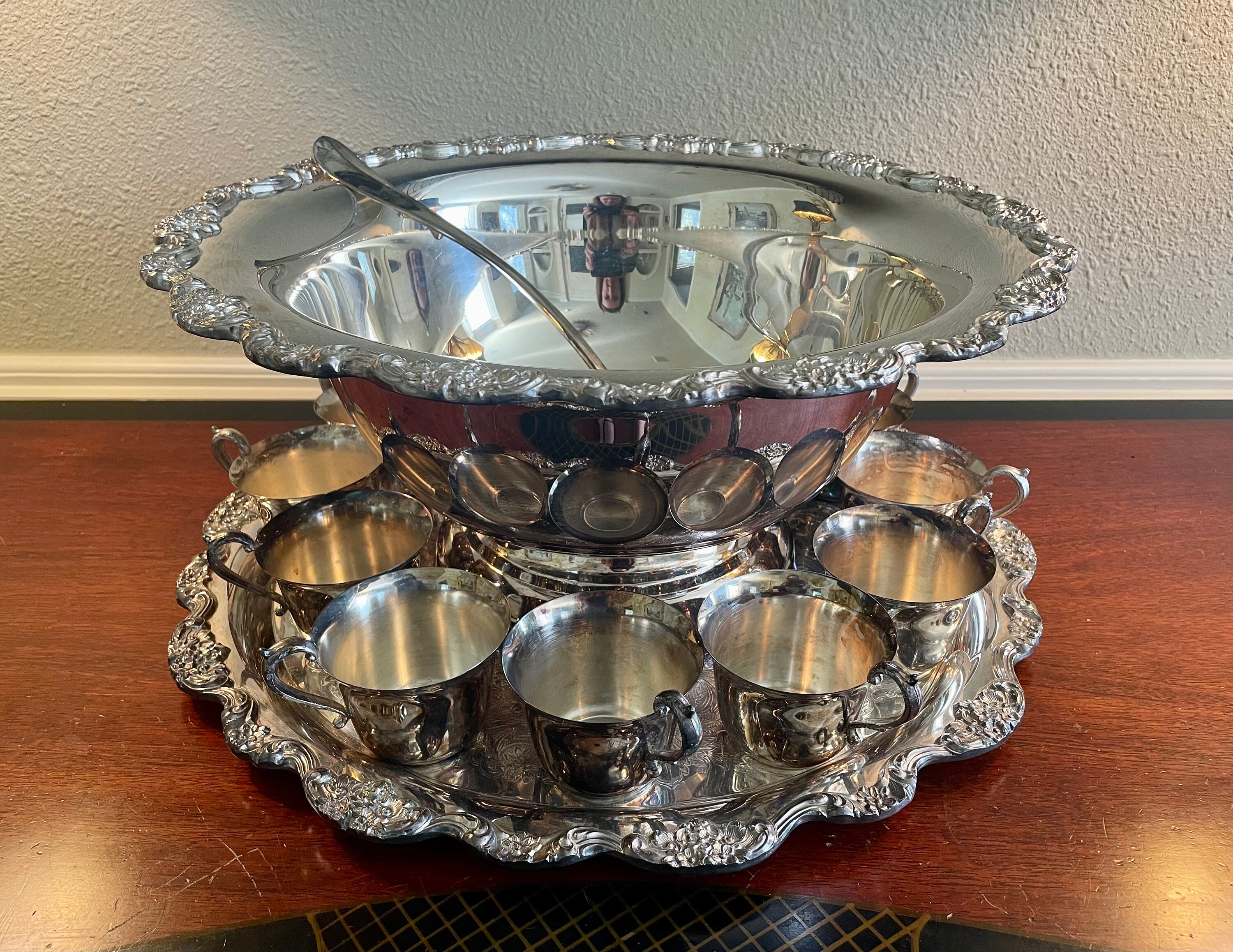 Vintage Towle 15 Piece Silver Plated Punch Bowl with 12 Cups, Tray Ladle/  Silver Plate Towle Punch Bowl Set/ Silver Plate Punch Bowl
