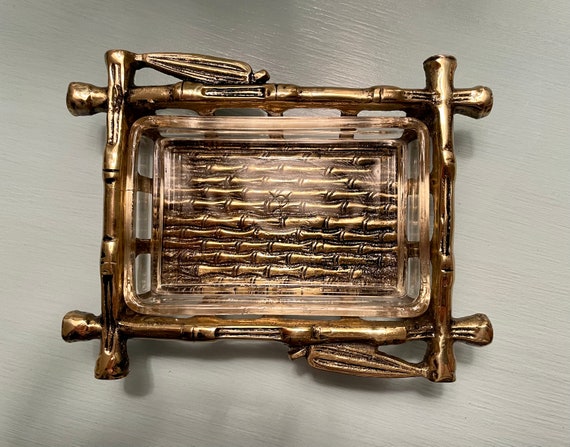 Vintage Brass Bamboo Soap Dish Trinket Tray/ Vintage Brass Bamboo Tray With  Glass Insert/ Vintage Brass Bamboo 