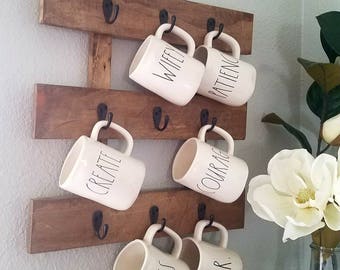 Coffee mug rack, coffee mug holder, rustic coffee rack, wood coffee mug rack, farmhouse coffee rack, coffee bar rack, wood mug holder