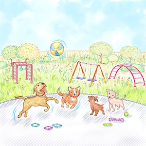 Illustrator for hire, illustration with three characters and detailed background, childrens book custom drawings, story book to self publish