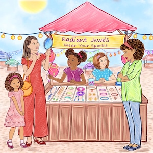 Illustrator for hire, illustration with three characters and detailed background, childrens book custom drawings, story book to self publish
