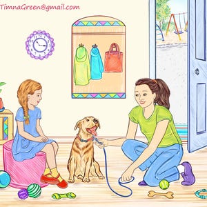 Illustrator for hire, illustration with three characters and detailed background, childrens book custom drawings, story book to self publish