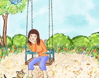 Illustrator for hire, illustration with three characters and detailed background, childrens book custom drawings, story book to self publish