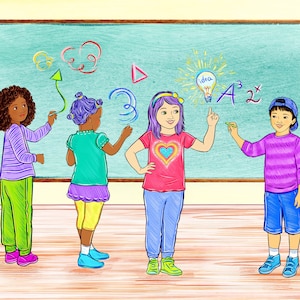 Illustrator for hire, illustration with three characters and detailed background, childrens book custom drawings, story book to self publish