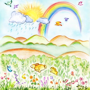 Illustrator for hire, illustration with three characters and detailed background, childrens book custom drawings, story book to self publish