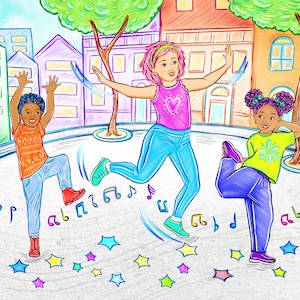Illustrator for hire, illustration with three characters and detailed background, childrens book custom drawings, story book to self publish