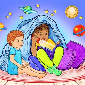 Illustrator for hire, illustration with three characters and detailed background, childrens book custom drawings, story book to self publish