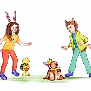 Illustrator for hire, illustration with three characters and detailed background, childrens book custom drawings, story book to self publish
