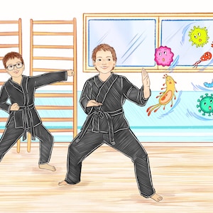 Può includere: Due bambini in uniforme di karate nero praticano arti marziali in una palestra. Il ragazzo a destra sta bloccando con la mano sinistra, mentre il ragazzo a sinistra è in posizione di combattimento. Ci sono diversi germi dei cartoni animati che volano nell'aria dietro il ragazzo a destra.