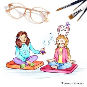 Illustrator for hire, illustration with three characters and detailed background, childrens book custom drawings, story book to self publish