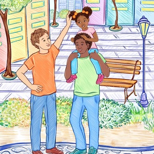 Illustrator for hire, illustration with three characters and detailed background, childrens book custom drawings, story book to self publish