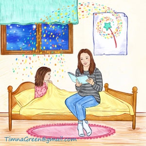 Illustrator for hire, illustration with three characters and detailed background, childrens book custom drawings, story book to self publish