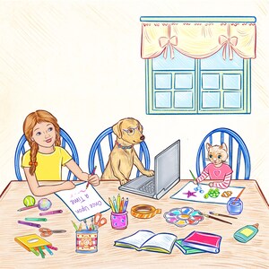 Illustrator for hire, illustration with three characters and detailed background, childrens book custom drawings, story book to self publish