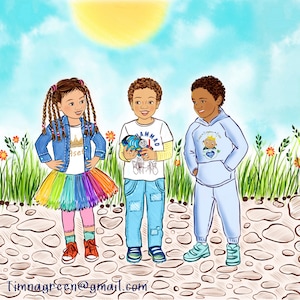 Illustrator for hire, illustration with three characters and detailed background, childrens book custom drawings, story book to self publish