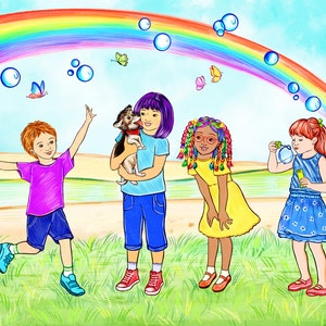 Illustrator for hire, illustration with three characters and detailed background, childrens book custom drawings, story book to self publish