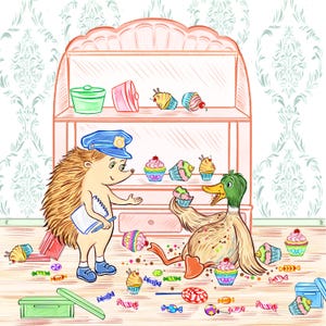 Illustrator for hire, illustration with three characters and detailed background, childrens book custom drawings, story book to self publish