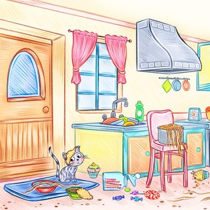 Illustrator for hire, illustration with three characters and detailed background, childrens book custom drawings, story book to self publish