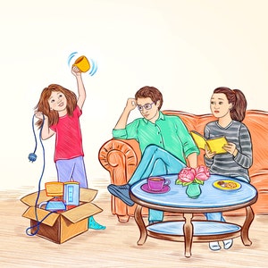 Illustrator for hire, illustration with three characters and detailed background, childrens book custom drawings, story book to self publish