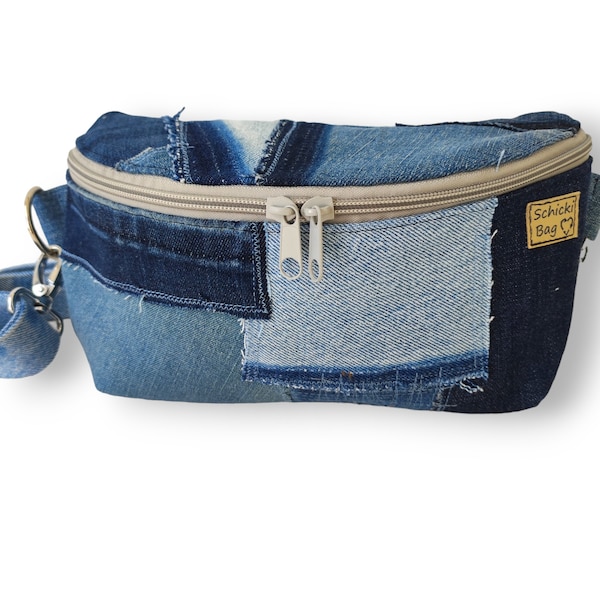 Nachhaltig hergestellteGürteltasche im Jeans Patchwork Look, stylische Hüfttasche aus Jeans,Crossbody Bag, umweltfreundliche Recyclingtasche