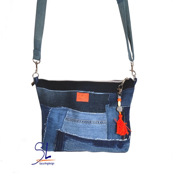 Borsa jeans in formato orizzontale//piccola borsa a tracolla compatta realizzata in modo ecologico con tessuti riciclati