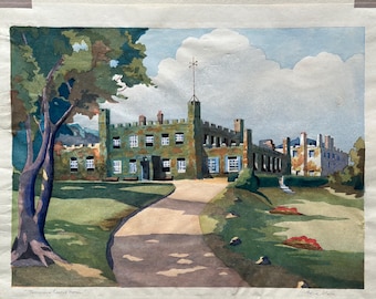 Eric Slater 1896-1963 modern British coloured woodcut Tregenna castle Hotel pencil signed