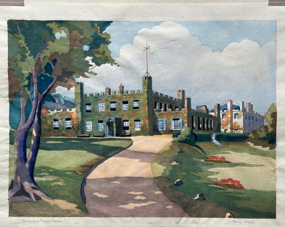 Eric Slater 1896-1963 modern British coloured woodcut Tregenna castle Hotel pencil signed