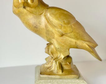 British sculptor Philip Nathan FRSS b1941 bronze Owl on marble base circa 1980