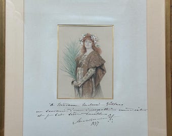 Sarah Bernhardt as Gismonda signed dedication in ink by her dated 1897. Illustration by Théobald Chartran