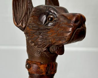 Antique Black Forest carved German Shepherd malacca cane walking stick