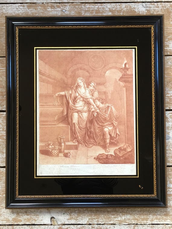 Late 18th century etching of 'The Ephesian  Matron' by E. Kirkall in glazed verre eglomise ebonised frame