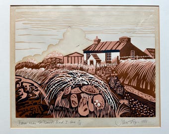 John Stops (1925-2002) modern British linocut Farm near St David’s Head 1 11/18 signed in pencil 1981