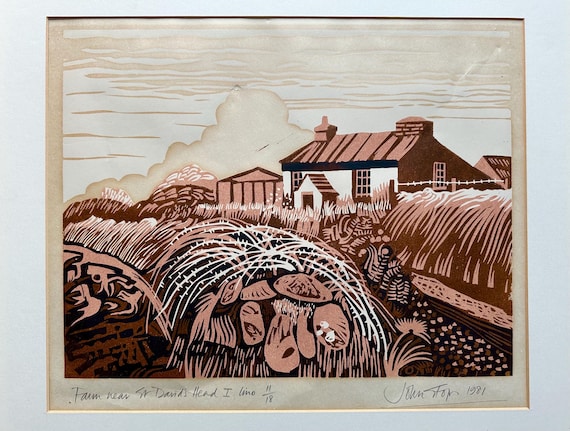 John Stops (1925-2002) modern British linocut Farm near St David’s Head 1 11/18 signed in pencil 1981