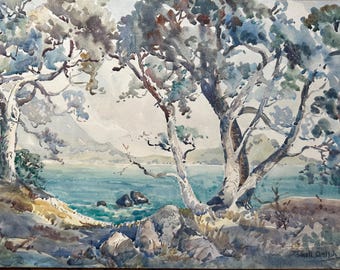Mary Birtchnell-Delph (1901-1996) New Zealand artist watercolour of lake and trees.
