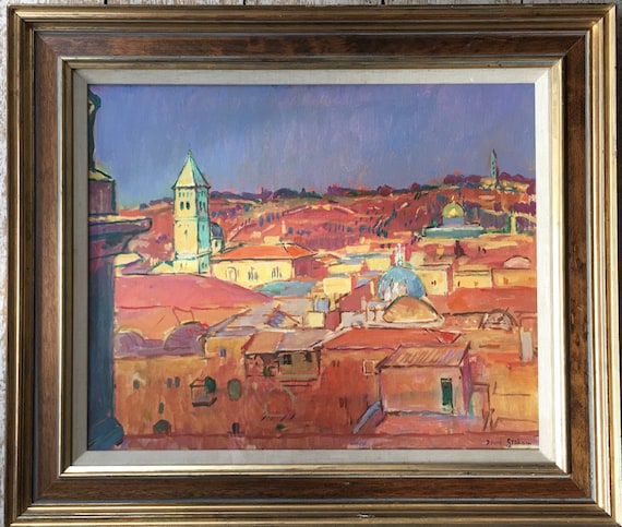 David Graham RP (British b 1926) 'Old city of Jerusalem sunset' oil on canvas