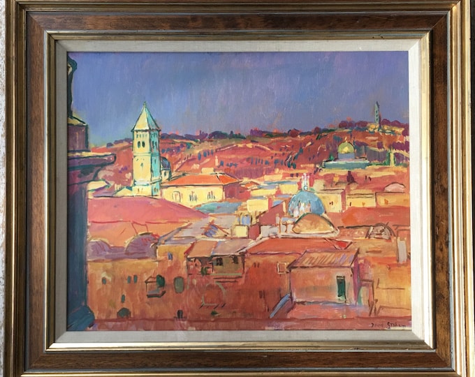 Featured listing image: David Graham RP (British b 1926) 'Old city of Jerusalem sunset' oil on canvas