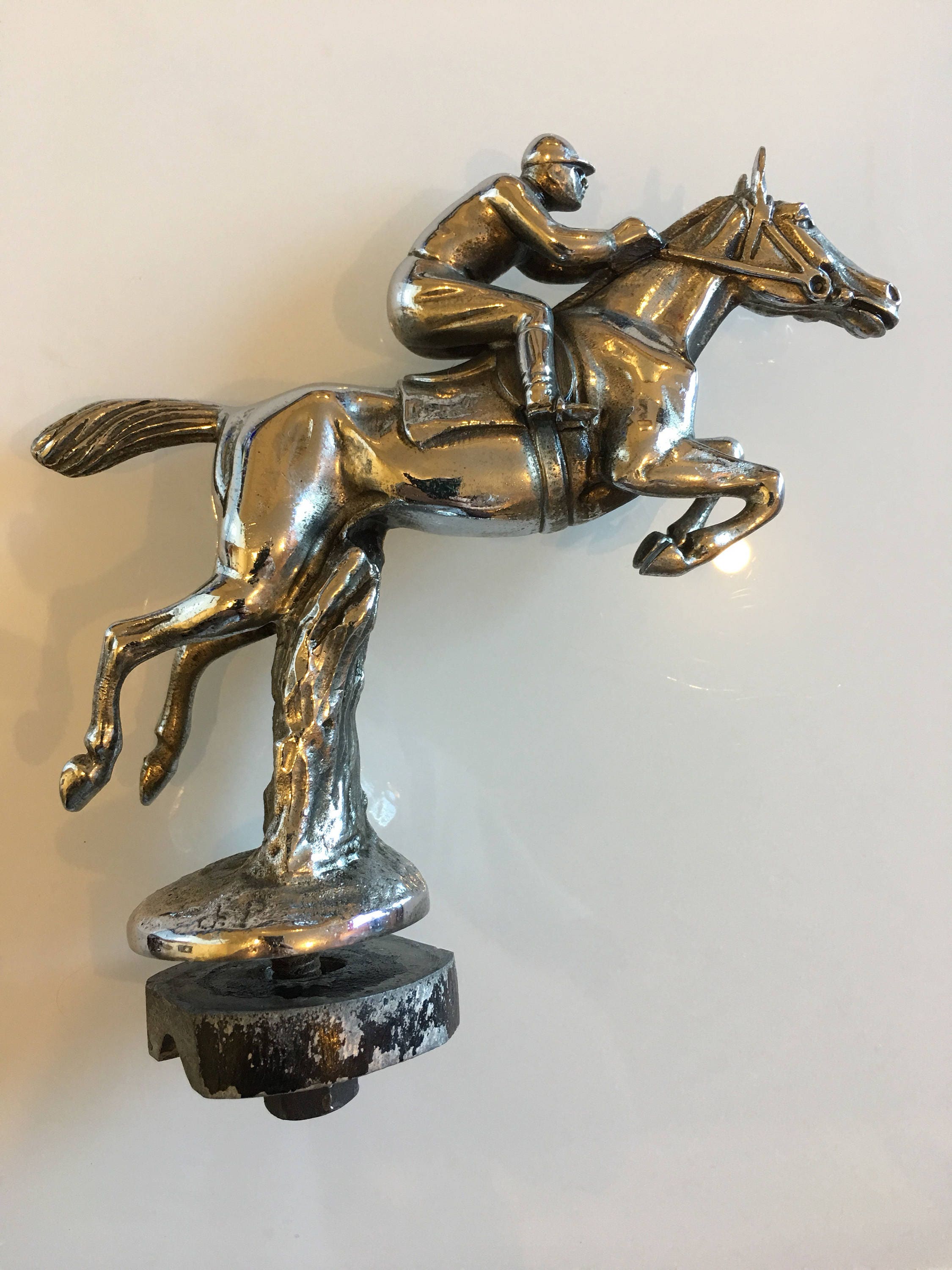 Art Deco car mascot by Charles Paillet horse and jockey jumping hedge