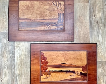 Attributed to Rowley gallery pair of companion parquetry Fox hunting scenes circa 1920