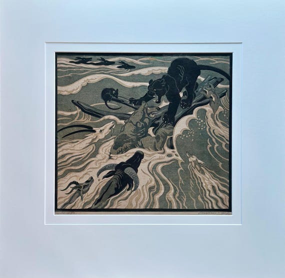 Norbertine Bresslern Roth 1891-1978 woodcut signed in pencil signature and Handdrucke  The Flood.Size of image 26.5 x 29.5cm