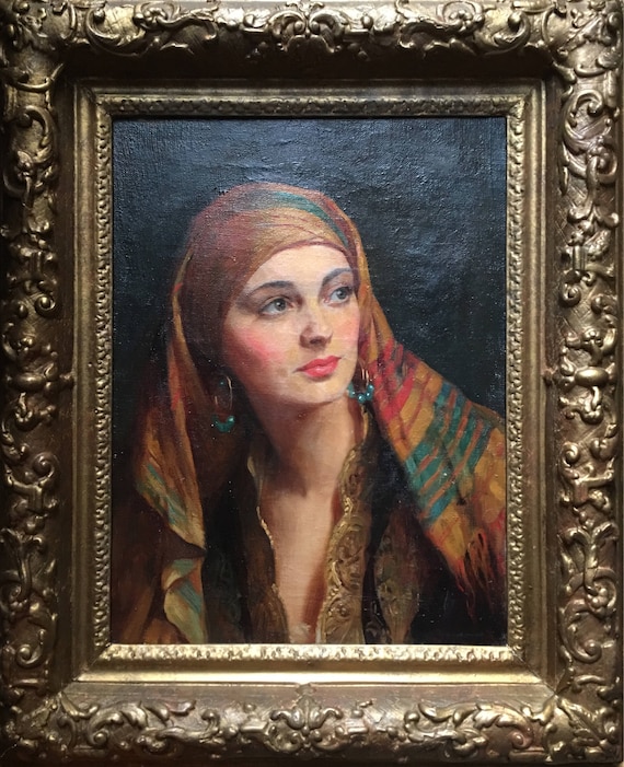 Albert Henry Collings (1868-1947) oil on canvas 'Yasmin in gypsy headscarf' modern British school circa 1920's Salon de Paris