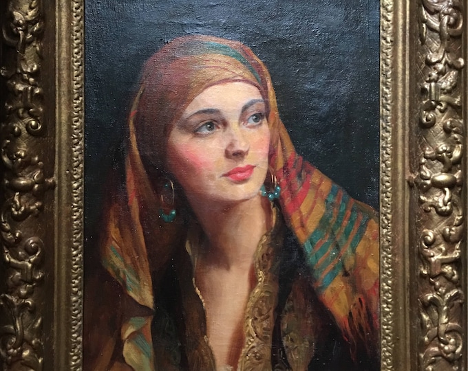 Featured listing image: Albert Henry Collings (1868-1947) oil on canvas 'Yasmin in gypsy headscarf' modern British school circa 1920's Salon de Paris