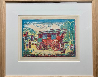 Mabel Allington Royds (1874-1941) woodcut in colour of GWR stagecoach.
